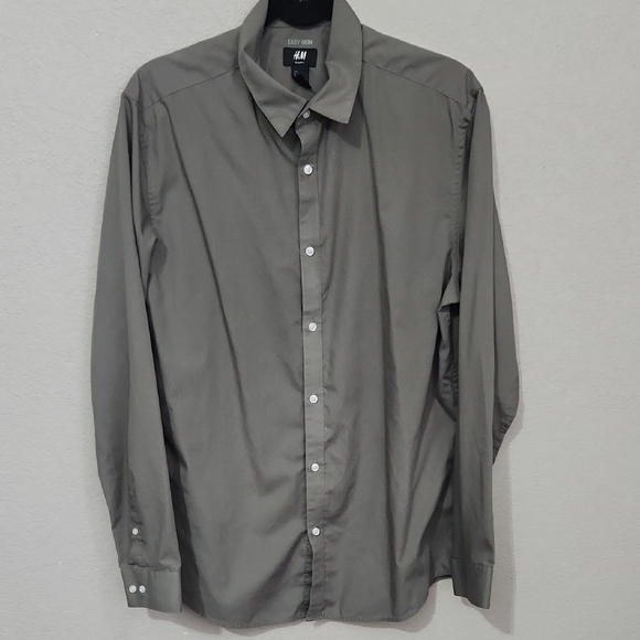 H&M Easy Iron Shirt Mens Size L Gray Green Slim Fit Longsleve Button Shirt - Picture 1 of 6